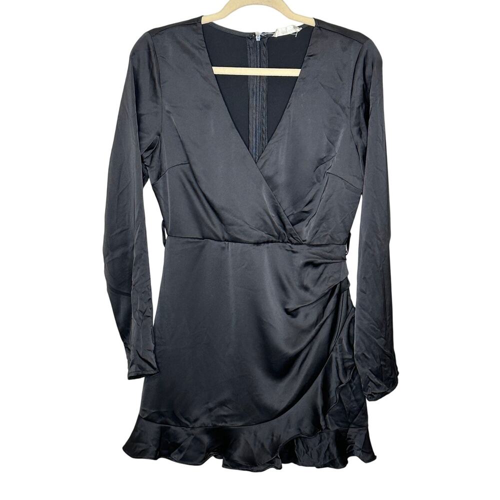 Altar'd State Black Satin Long Sleeve Mini Dress Ruffled Hem Surplice Top  M